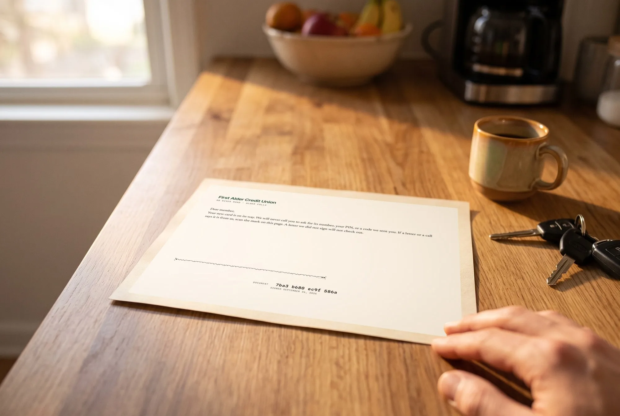 A signed letter from First Alder Credit Union on a kitchen counter, its mark and document code along the bottom.