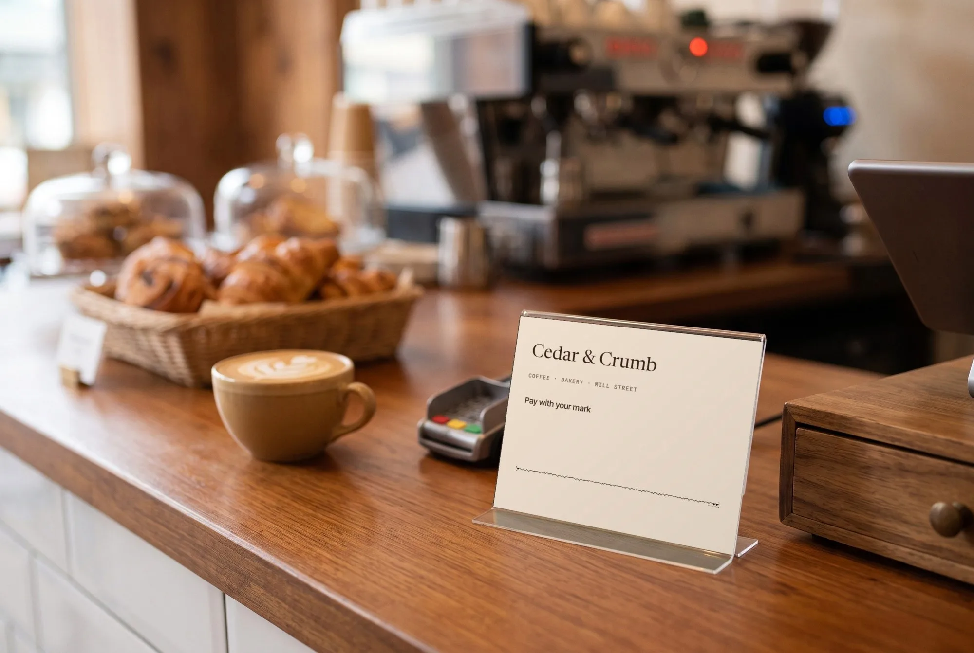 A cafe counter with a Cedar & Crumb card in a clear stand that reads Pay with your mark. A latte and a basket of pastries sit nearby.