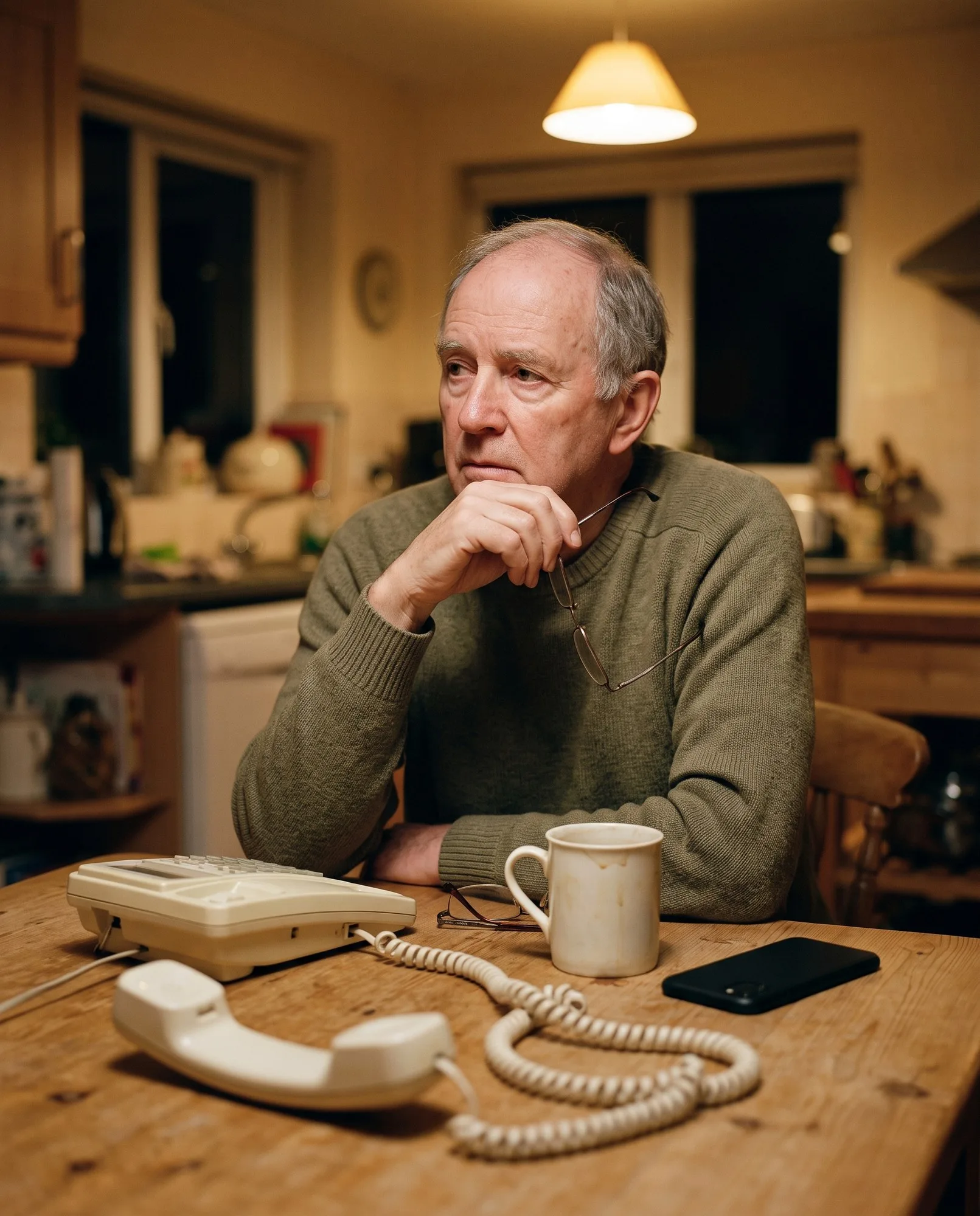An older man at his kitchen table beside a landline, weighing a call that claimed to be his bank.