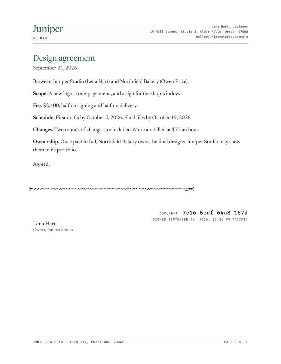 A design agreement from Juniper Studio