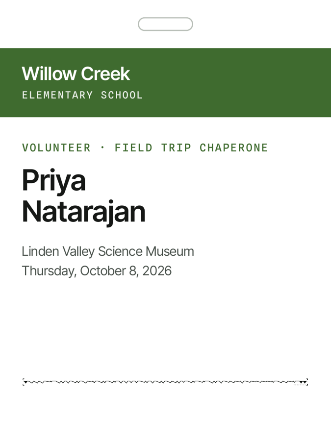Priya's chaperone badge, carrying her mark
