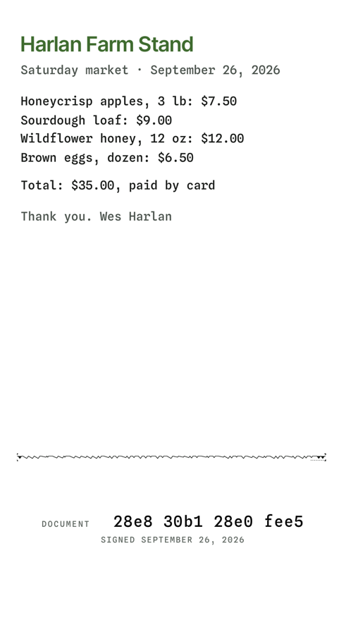 A signed receipt from Harlan Farm Stand