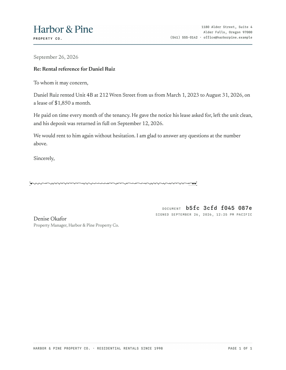 A rental reference from Harbor & Pine Property Co., signed by Denise Okafor