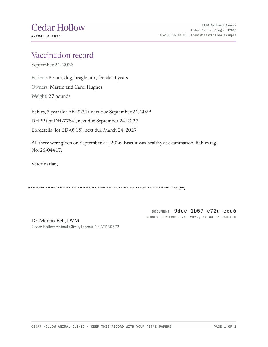 A vaccination record from Cedar Hollow Animal Clinic